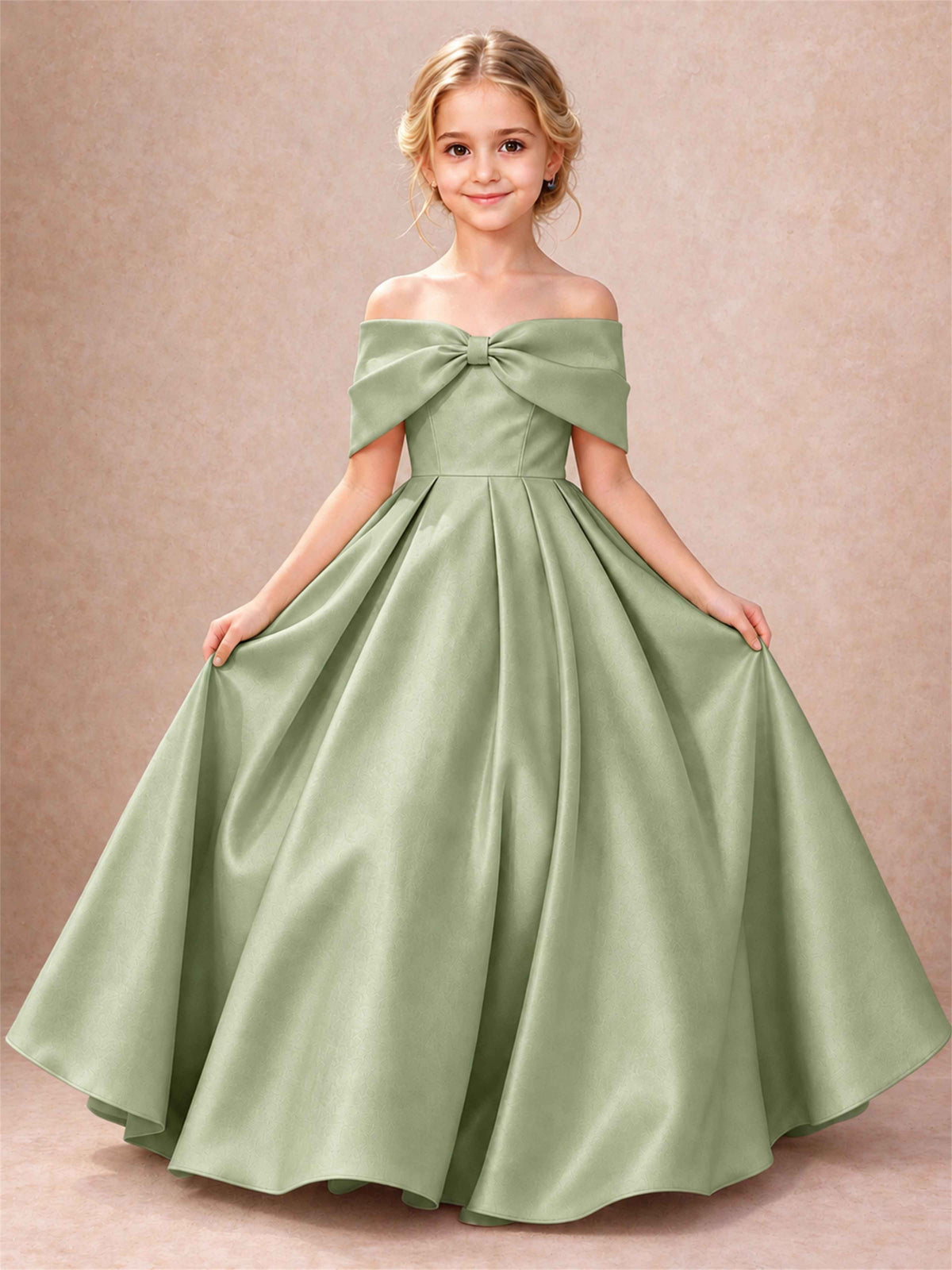 Off Shoulder Satin Flower Girl Dress Bow Detail Ball Gown for Wedding Pageant