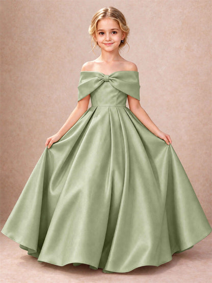 Off Shoulder Satin Flower Girl Dress Bow Detail Ball Gown for Wedding Pageant