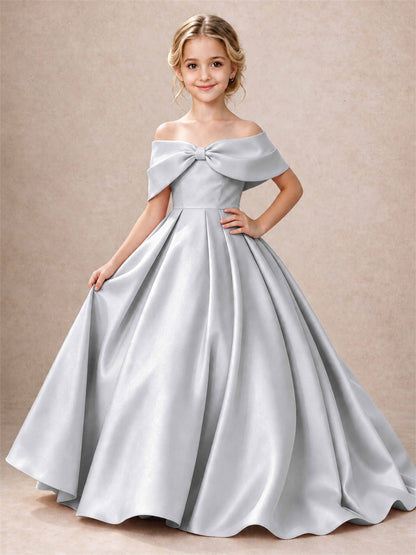 Off Shoulder Satin Flower Girl Dress Bow Detail Ball Gown for Wedding Pageant