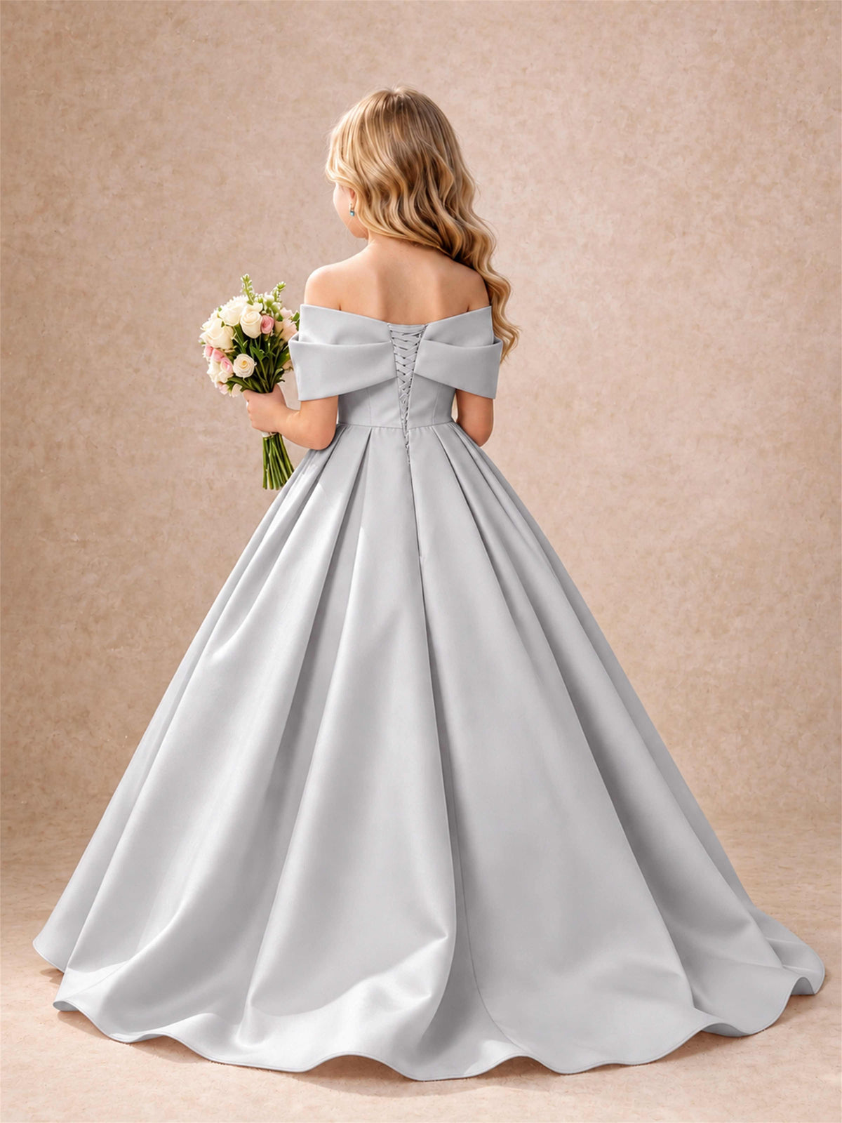 Off Shoulder Satin Flower Girl Dress Bow Detail Ball Gown for Wedding Pageant