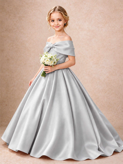 Off Shoulder Satin Flower Girl Dress Bow Detail Ball Gown for Wedding Pageant
