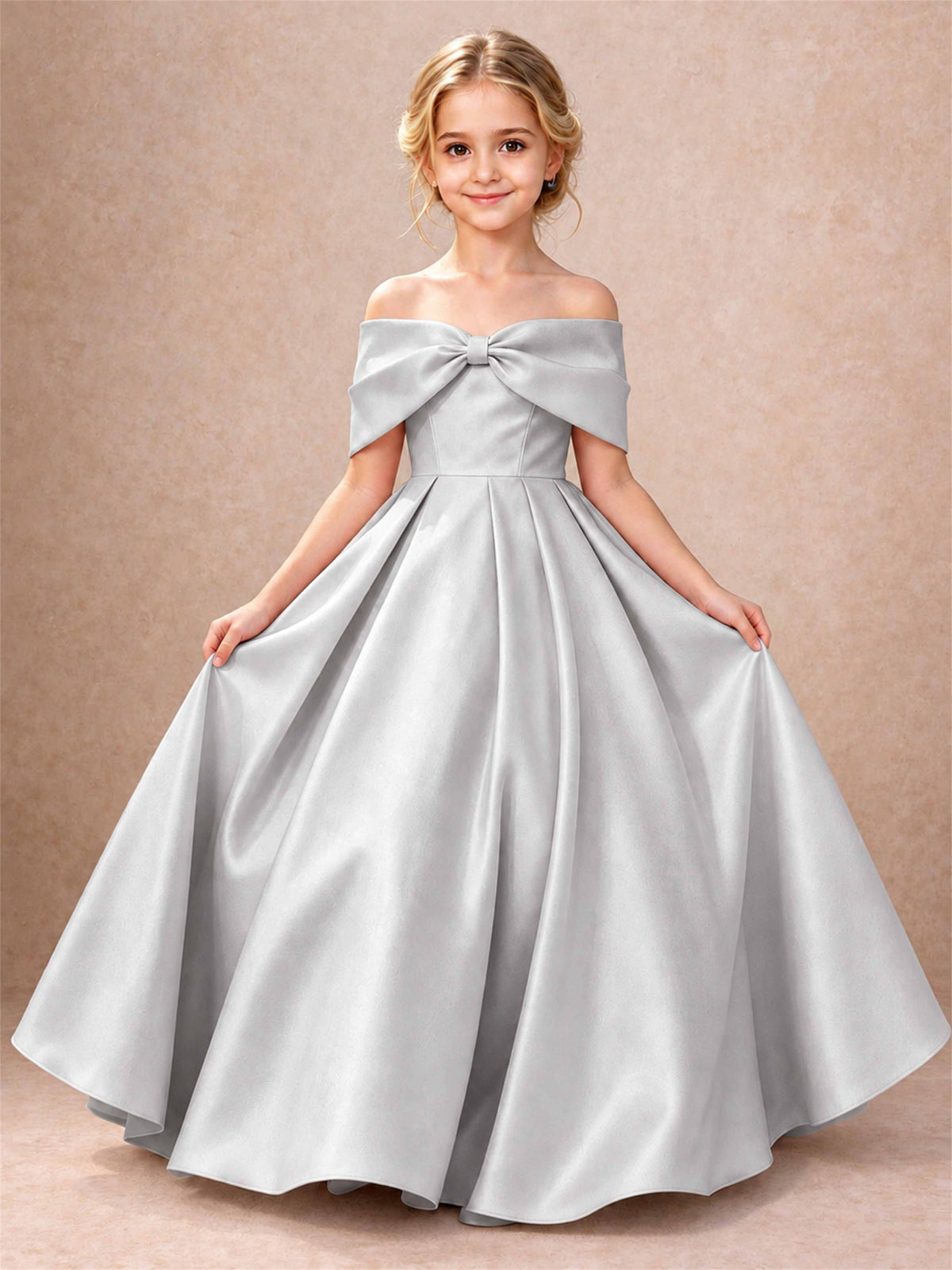 Off Shoulder Satin Flower Girl Dress Bow Detail Ball Gown for Wedding Pageant