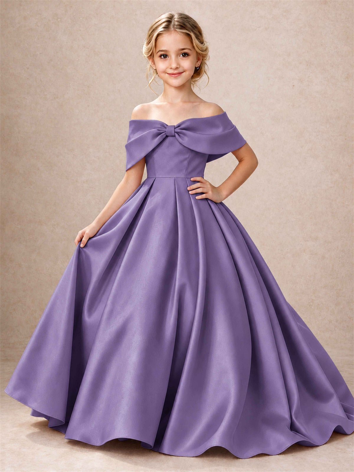 Off Shoulder Satin Flower Girl Dress Bow Detail Ball Gown for Wedding Pageant