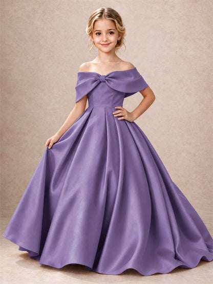 Off Shoulder Satin Flower Girl Dress Bow Detail Ball Gown for Wedding Pageant