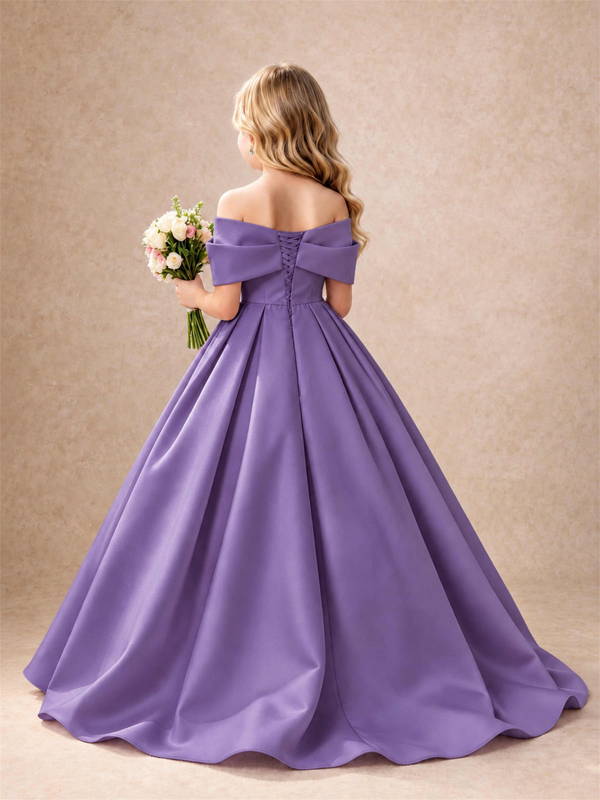 Off Shoulder Satin Flower Girl Dress Bow Detail Ball Gown for Wedding Pageant