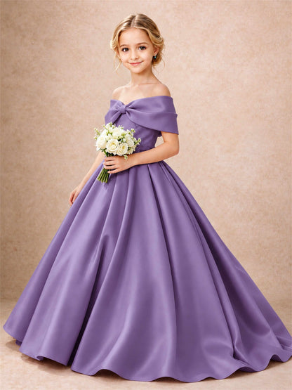 Off Shoulder Satin Flower Girl Dress Bow Detail Ball Gown for Wedding Pageant