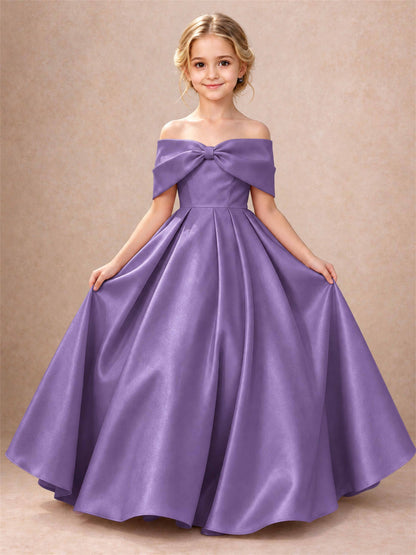 Off Shoulder Satin Flower Girl Dress Bow Detail Ball Gown for Wedding Pageant