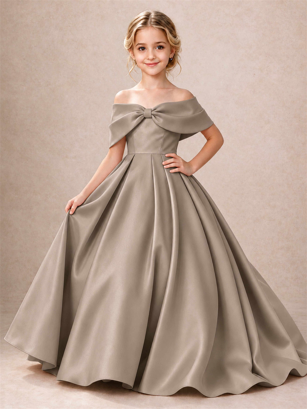 Off Shoulder Satin Flower Girl Dress Bow Detail Ball Gown for Wedding Pageant