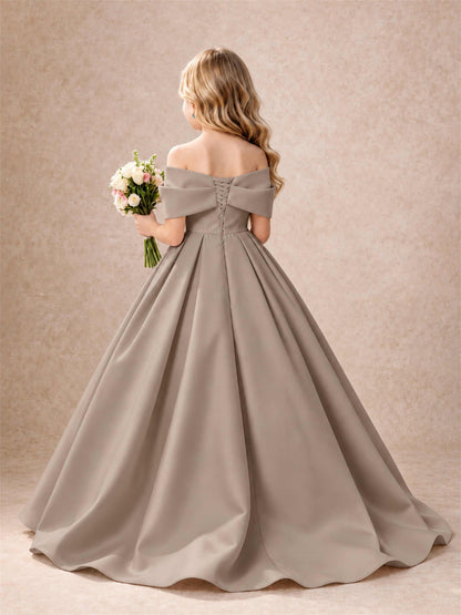 Off Shoulder Satin Flower Girl Dress Bow Detail Ball Gown for Wedding Pageant