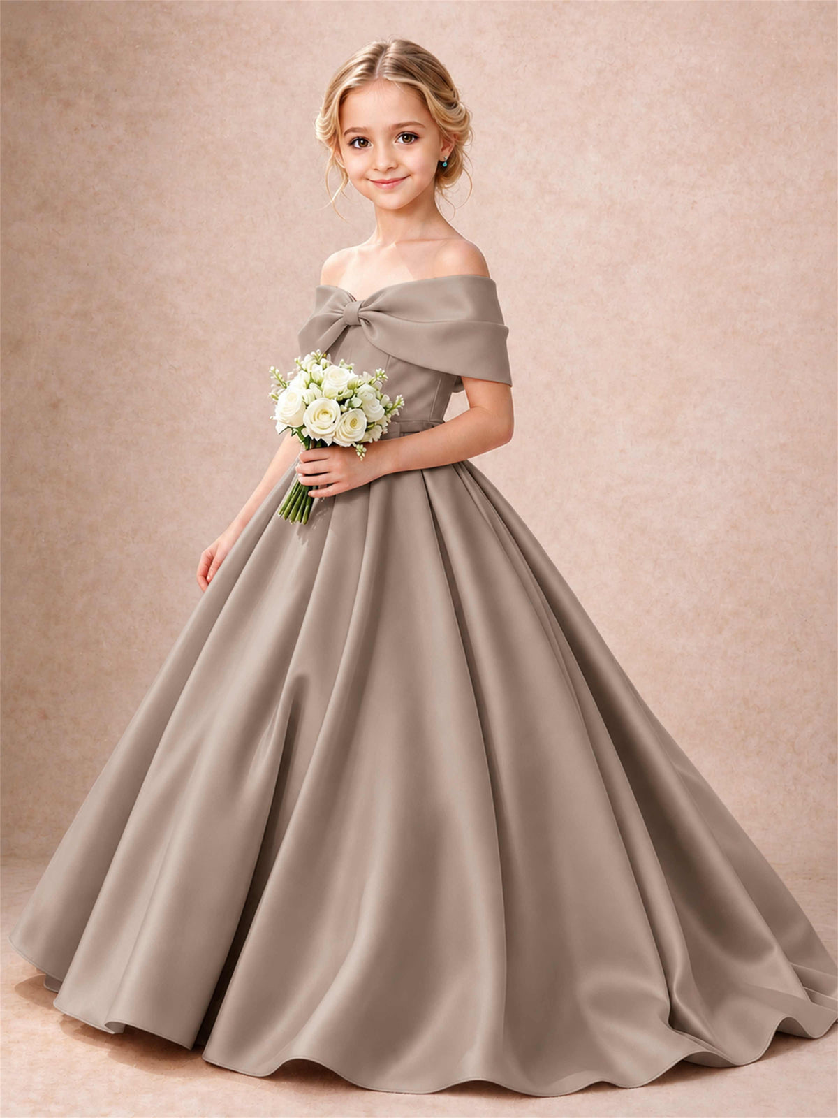 Off Shoulder Satin Flower Girl Dress Bow Detail Ball Gown for Wedding Pageant