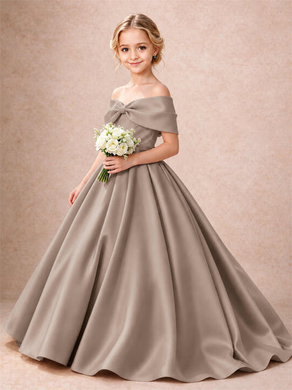 Off Shoulder Satin Flower Girl Dress Bow Detail Ball Gown for Wedding Pageant
