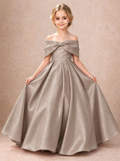 Off Shoulder Satin Flower Girl Dress Bow Detail Ball Gown for Wedding Pageant