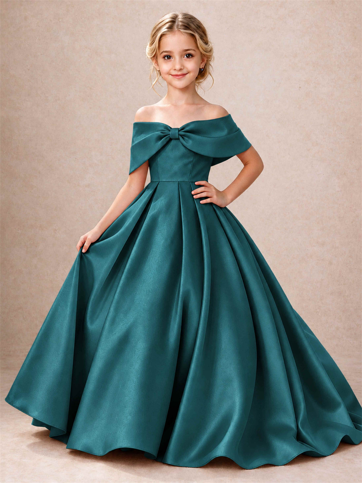 Off Shoulder Satin Flower Girl Dress Bow Detail Ball Gown for Wedding Pageant