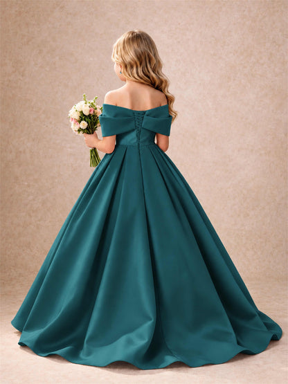 Off Shoulder Satin Flower Girl Dress Bow Detail Ball Gown for Wedding Pageant