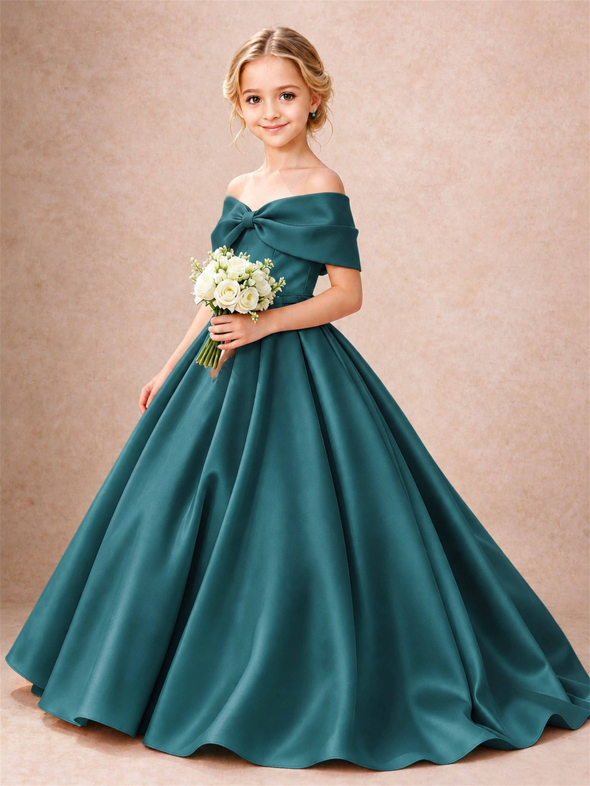 Off Shoulder Satin Flower Girl Dress Bow Detail Ball Gown for Wedding Pageant