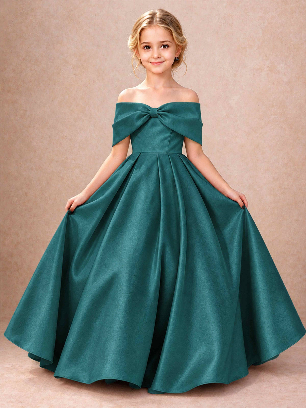 Off Shoulder Satin Flower Girl Dress Bow Detail Ball Gown for Wedding Pageant