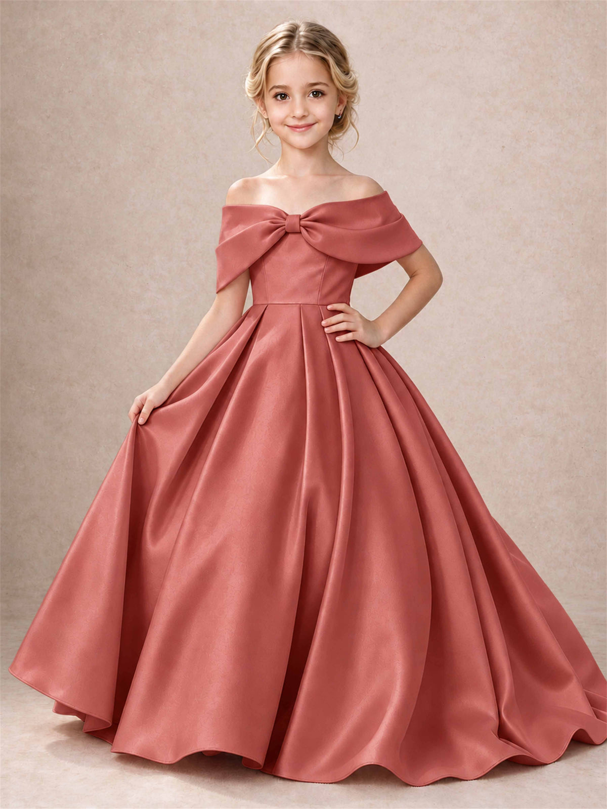 Off Shoulder Satin Flower Girl Dress Bow Detail Ball Gown for Wedding Pageant