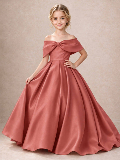 Off Shoulder Satin Flower Girl Dress Bow Detail Ball Gown for Wedding Pageant