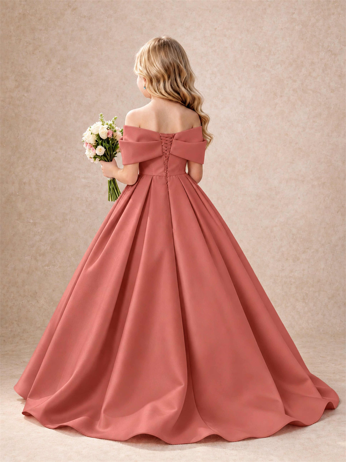 Off Shoulder Satin Flower Girl Dress Bow Detail Ball Gown for Wedding Pageant
