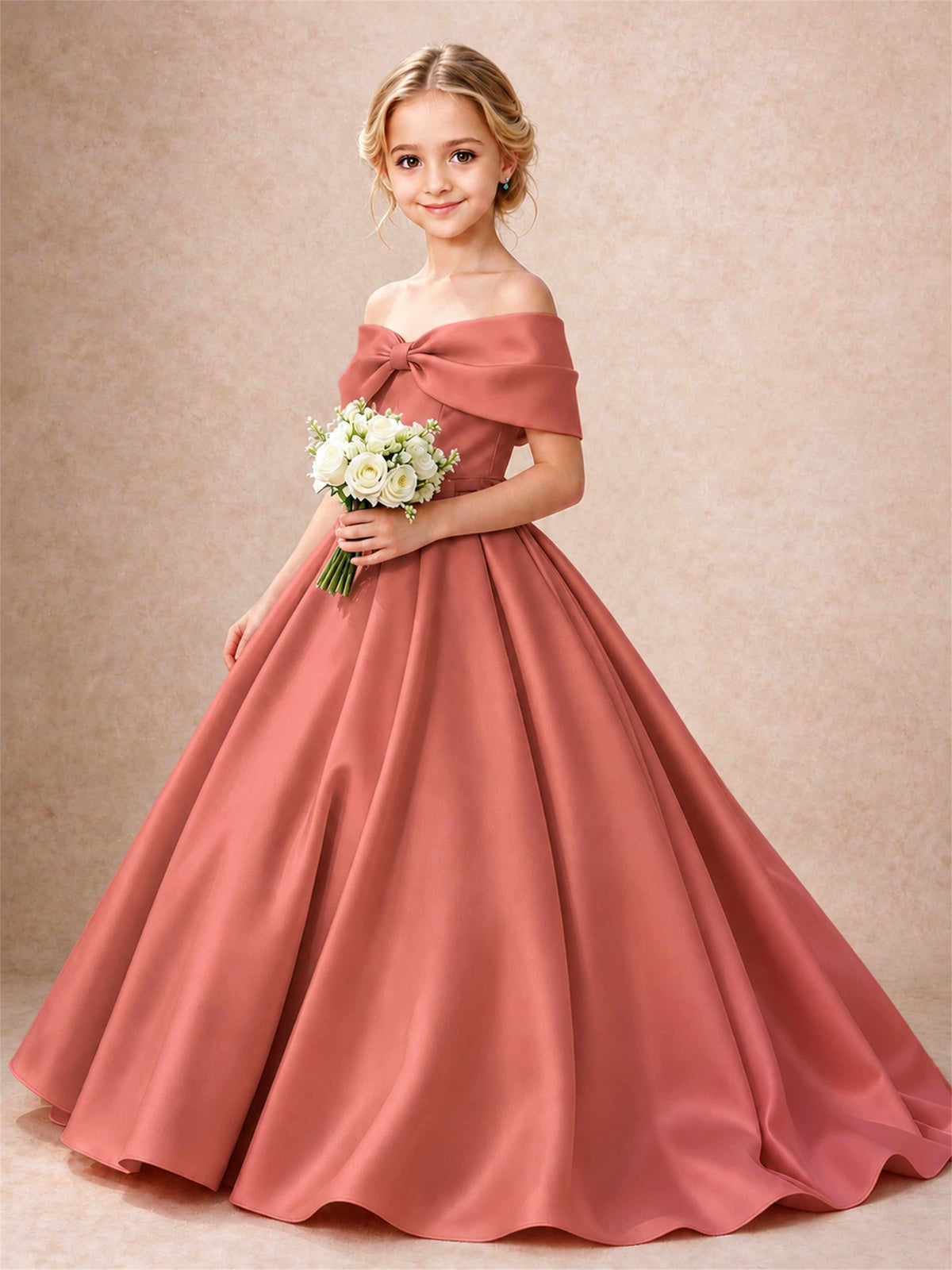 Off Shoulder Satin Flower Girl Dress Bow Detail Ball Gown for Wedding Pageant