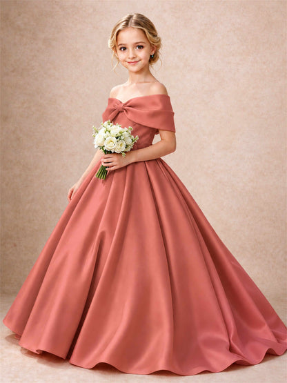Off Shoulder Satin Flower Girl Dress Bow Detail Ball Gown for Wedding Pageant
