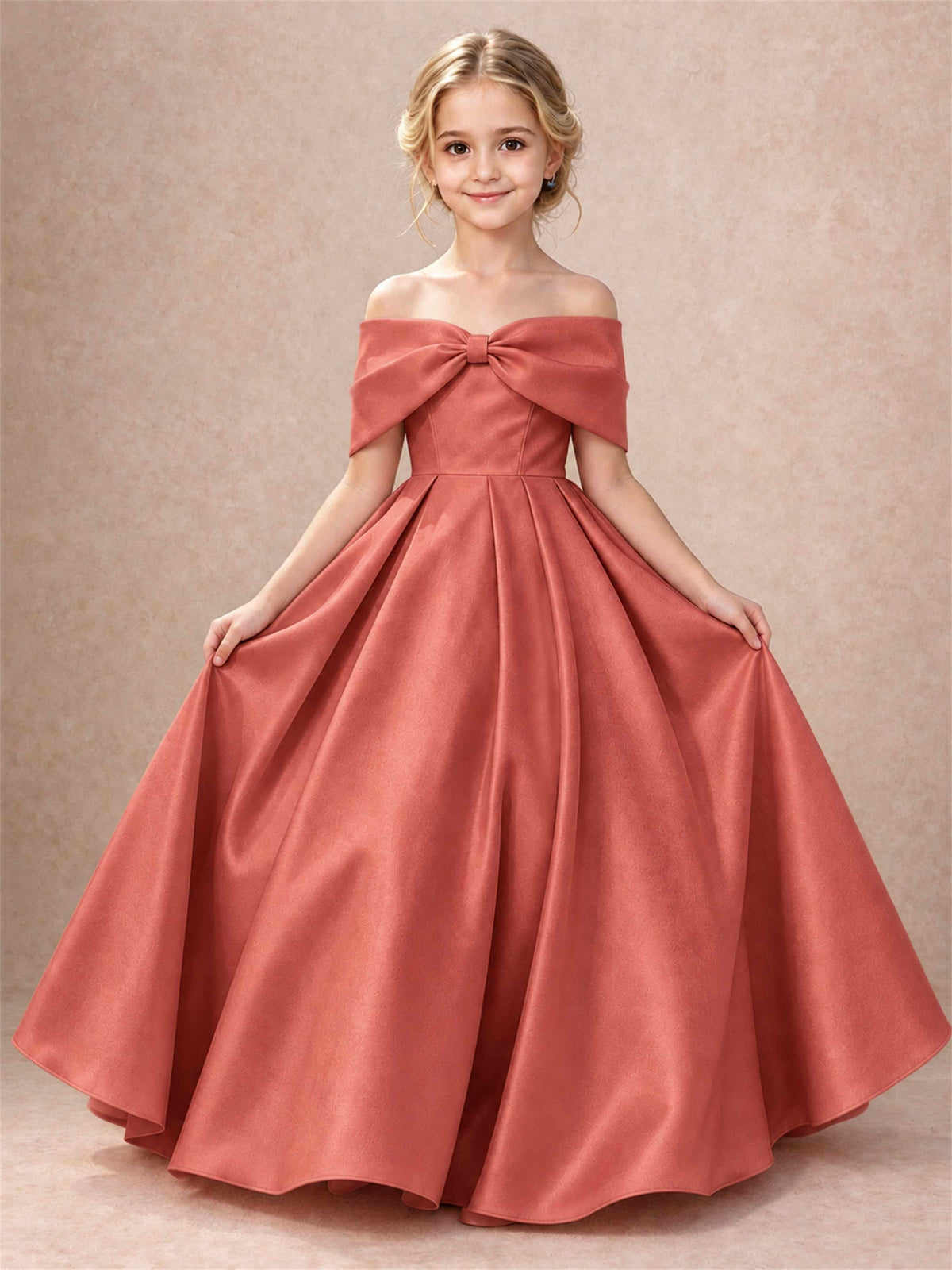 Off Shoulder Satin Flower Girl Dress Bow Detail Ball Gown for Wedding Pageant