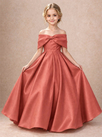 Off Shoulder Satin Flower Girl Dress Bow Detail Ball Gown for Wedding Pageant