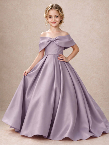 Off Shoulder Satin Flower Girl Dress Bow Detail Ball Gown for Wedding Pageant