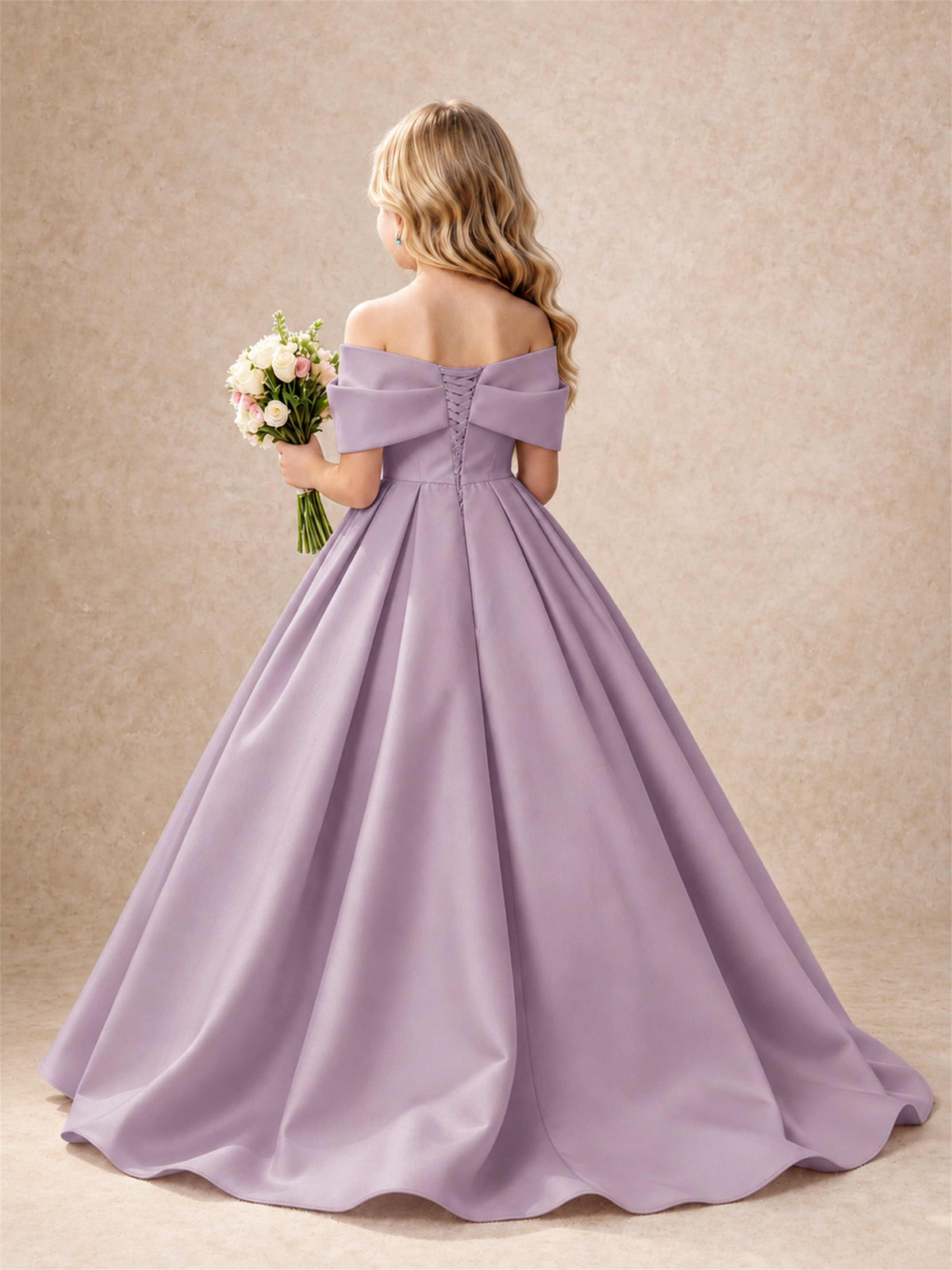 Off Shoulder Satin Flower Girl Dress Bow Detail Ball Gown for Wedding Pageant