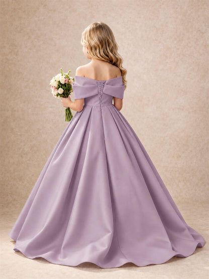 Off Shoulder Satin Flower Girl Dress Bow Detail Ball Gown for Wedding Pageant