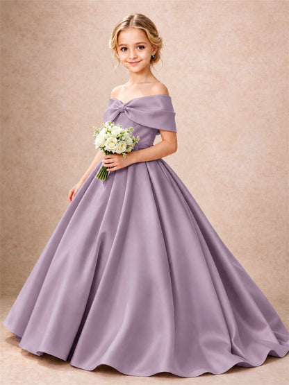 Off Shoulder Satin Flower Girl Dress Bow Detail Ball Gown for Wedding Pageant