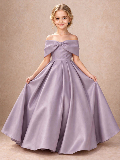 Off Shoulder Satin Flower Girl Dress Bow Detail Ball Gown for Wedding Pageant