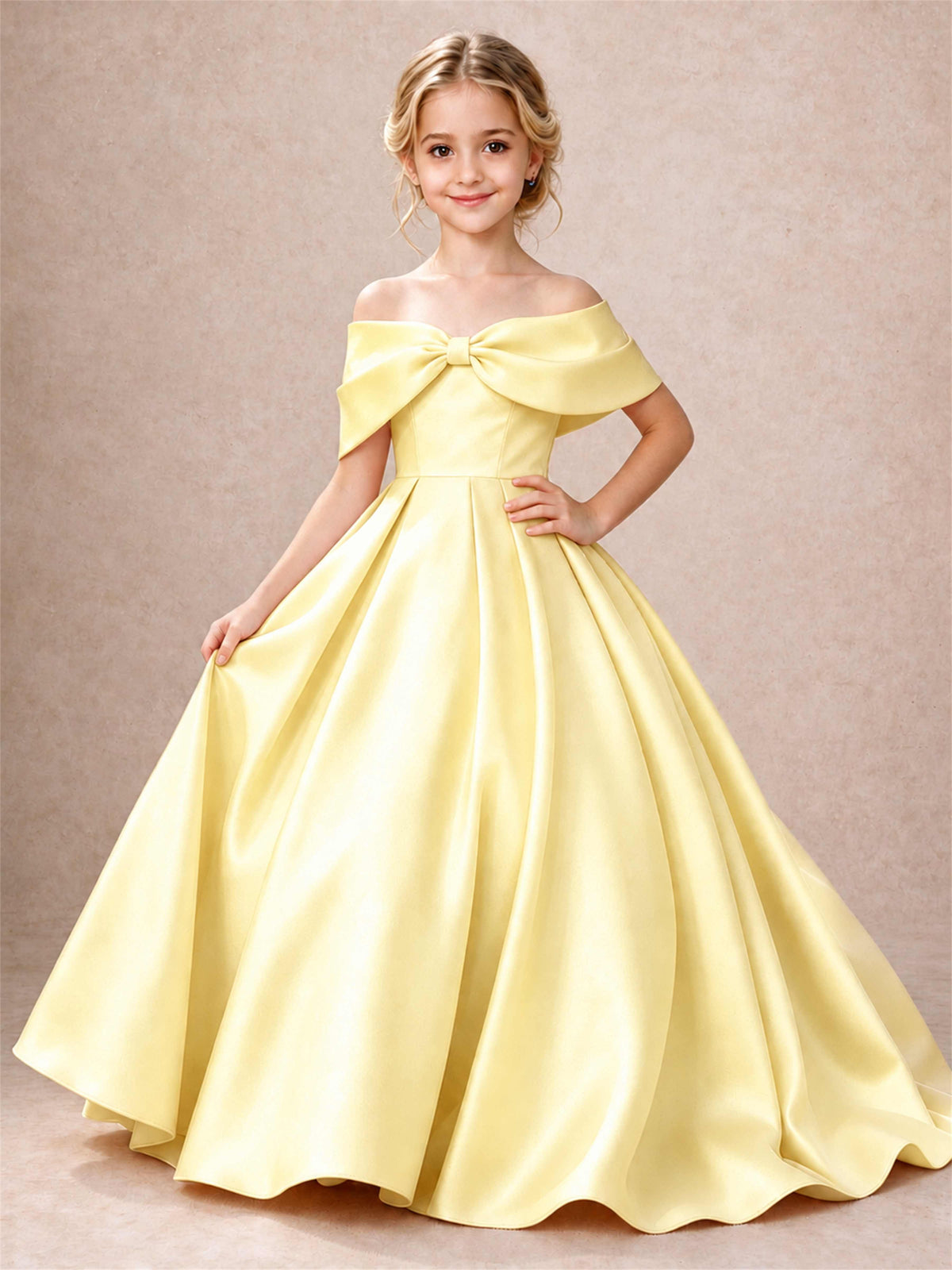 Off Shoulder Satin Flower Girl Dress Bow Detail Ball Gown for Wedding Pageant