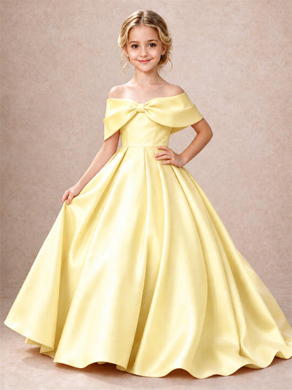 Off Shoulder Satin Flower Girl Dress Bow Detail Ball Gown for Wedding Pageant