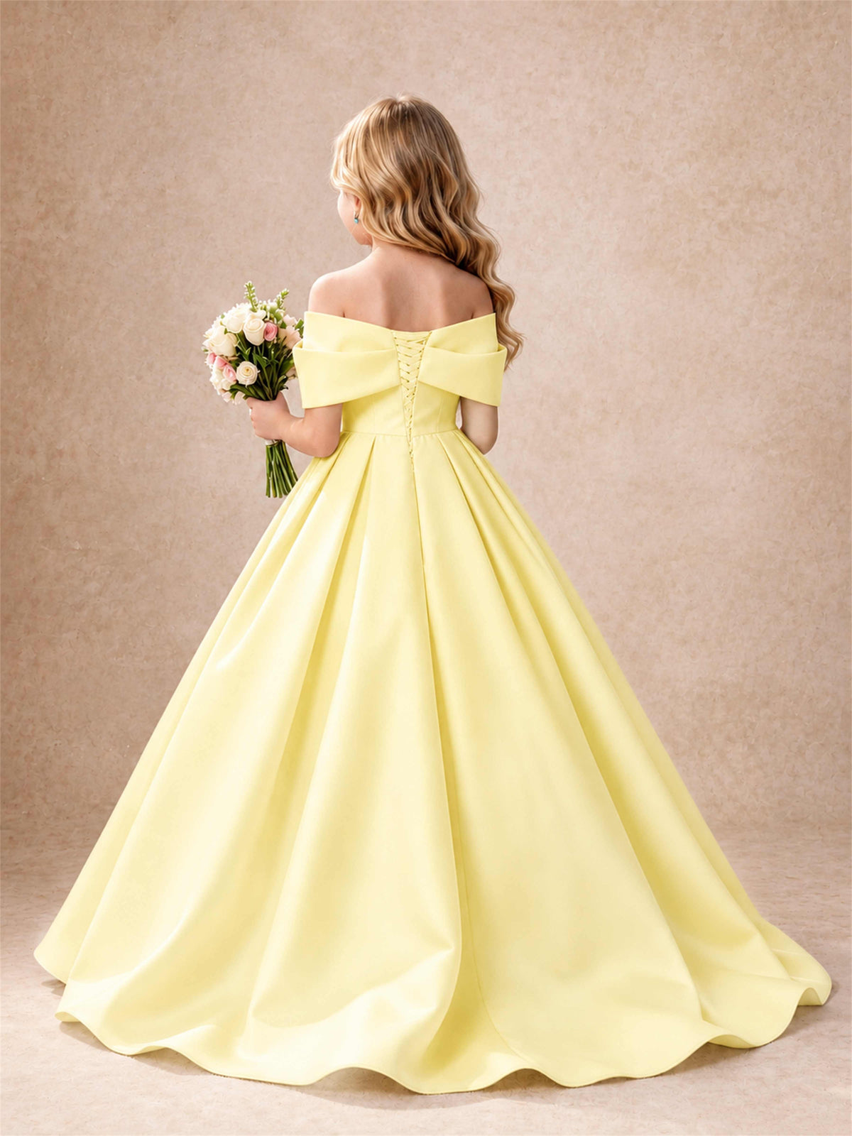 Off Shoulder Satin Flower Girl Dress Bow Detail Ball Gown for Wedding Pageant