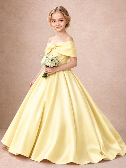 Off Shoulder Satin Flower Girl Dress Bow Detail Ball Gown for Wedding Pageant