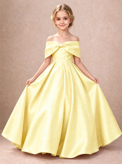 Off Shoulder Satin Flower Girl Dress Bow Detail Ball Gown for Wedding Pageant