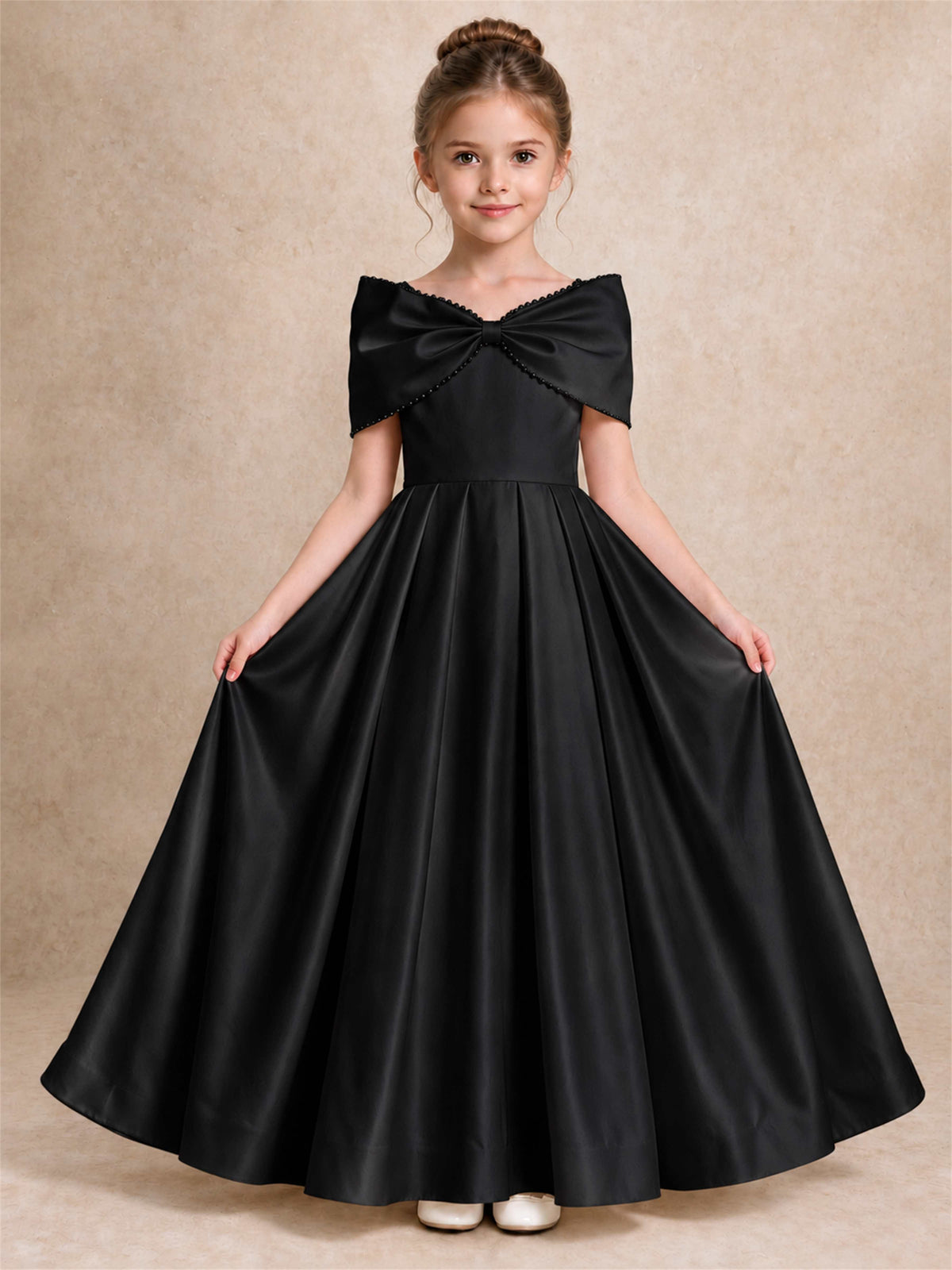 Off Shoulder Satin Flower Girl Dress Pearl Trim Big Bow Princess Gown for Wedding First Communion