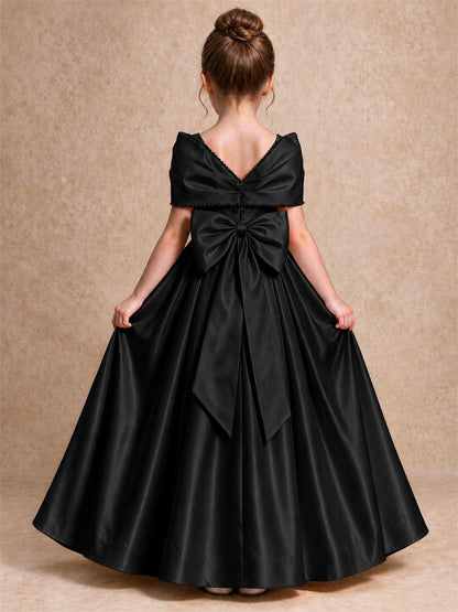 Off Shoulder Satin Flower Girl Dress Pearl Trim Big Bow Princess Gown for Wedding First Communion