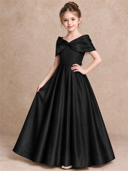 Off Shoulder Satin Flower Girl Dress Pearl Trim Big Bow Princess Gown for Wedding First Communion