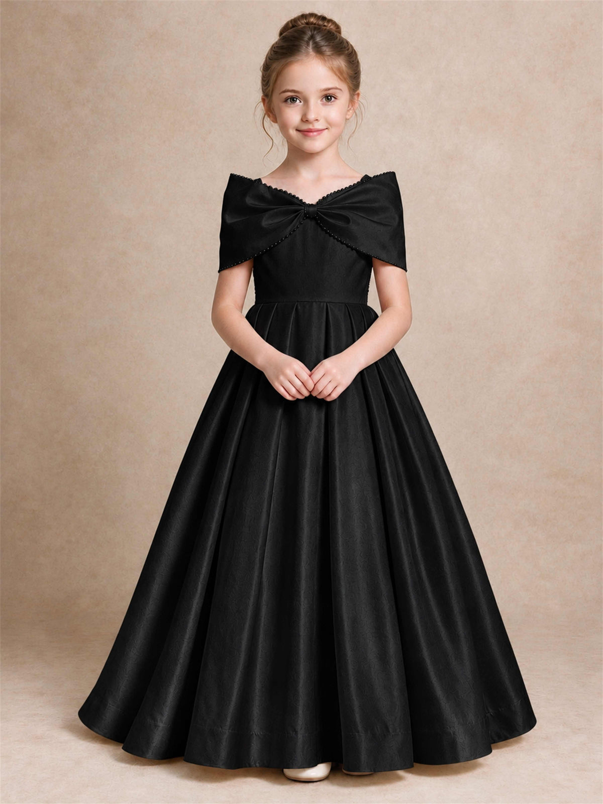 Off Shoulder Satin Flower Girl Dress Pearl Trim Big Bow Princess Gown for Wedding First Communion