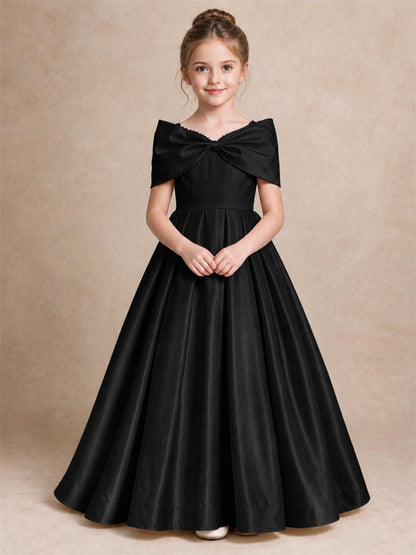 Off Shoulder Satin Flower Girl Dress Pearl Trim Big Bow Princess Gown for Wedding First Communion
