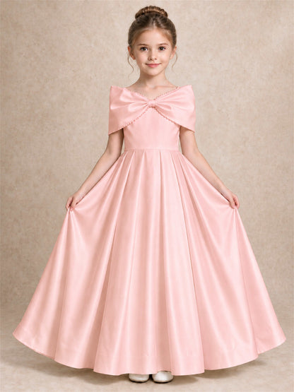 Off Shoulder Satin Flower Girl Dress Pearl Trim Big Bow Princess Gown for Wedding First Communion