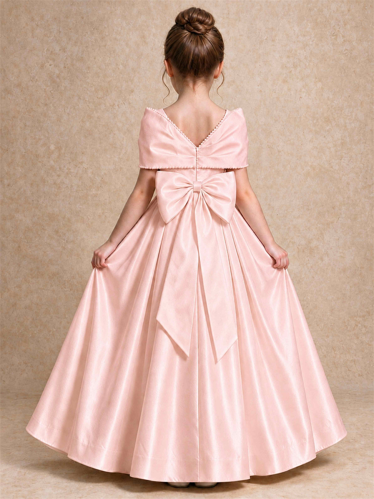 Off Shoulder Satin Flower Girl Dress Pearl Trim Big Bow Princess Gown for Wedding First Communion