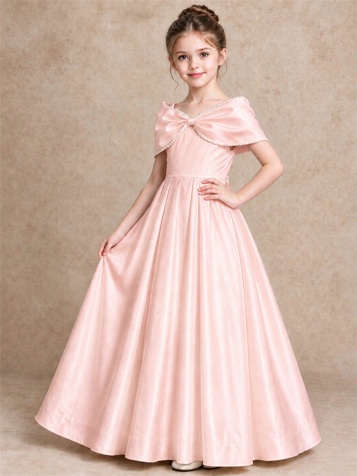 Off Shoulder Satin Flower Girl Dress Pearl Trim Big Bow Princess Gown for Wedding First Communion