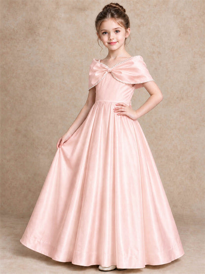 Off Shoulder Satin Flower Girl Dress Pearl Trim Big Bow Princess Gown for Wedding First Communion