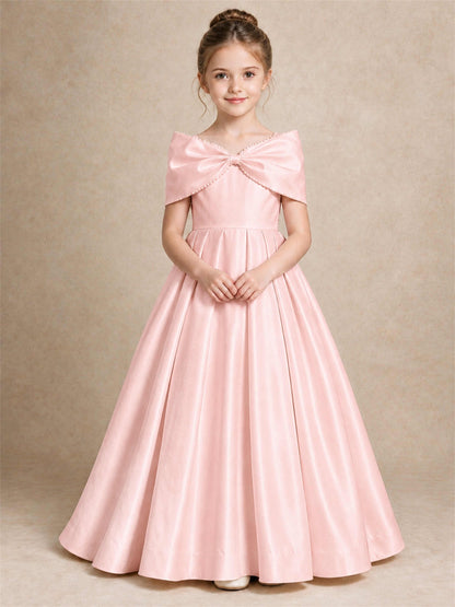 Off Shoulder Satin Flower Girl Dress Pearl Trim Big Bow Princess Gown for Wedding First Communion