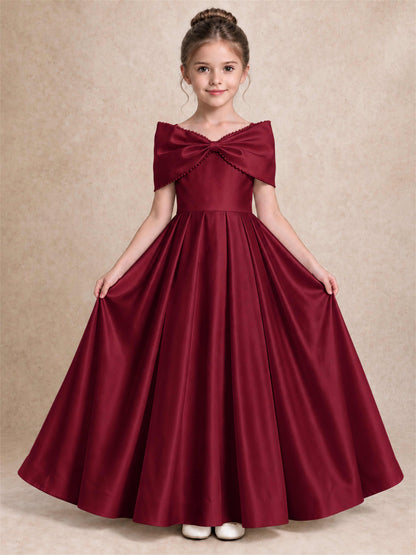 Off Shoulder Satin Flower Girl Dress Pearl Trim Big Bow Princess Gown for Wedding First Communion