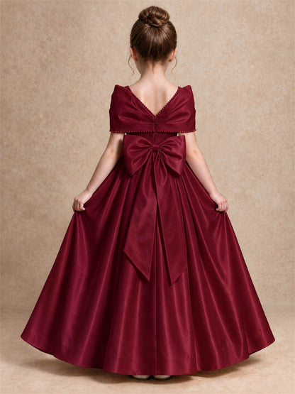 Off Shoulder Satin Flower Girl Dress Pearl Trim Big Bow Princess Gown for Wedding First Communion