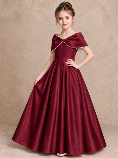 Off Shoulder Satin Flower Girl Dress Pearl Trim Big Bow Princess Gown for Wedding First Communion